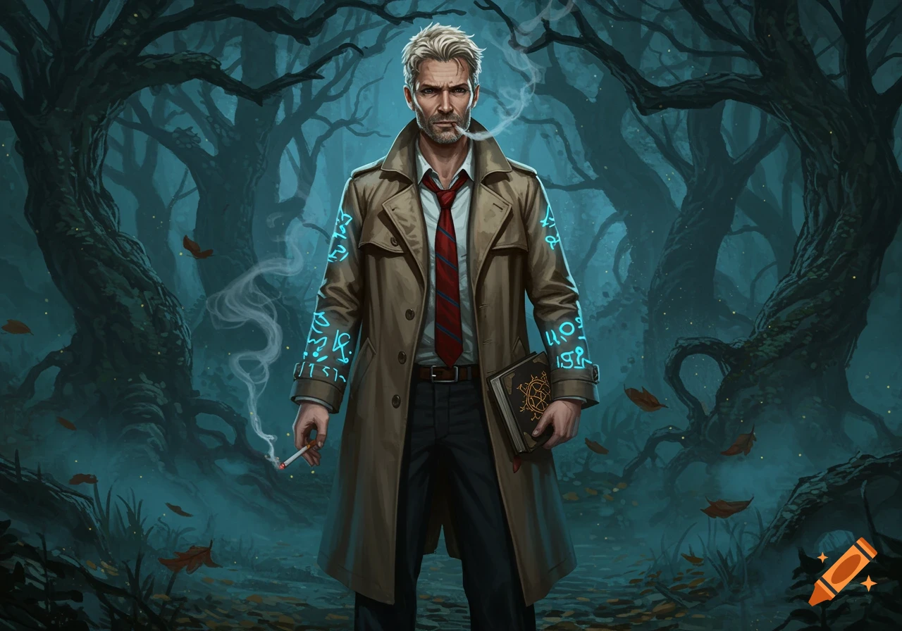 A man resembling John Constantine in a trench coat stands in a dark, misty forest, smoking a cigarette, with glowing runes on his arms and holding a book.