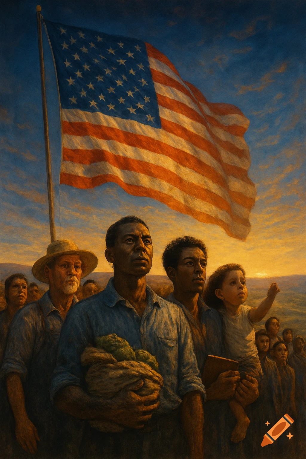 A painting depicts a diverse group of people, including men, women, and a child, looking up at a large American flag waving against a dramatic sunset sky. One man holds a bundle, another holds a child.