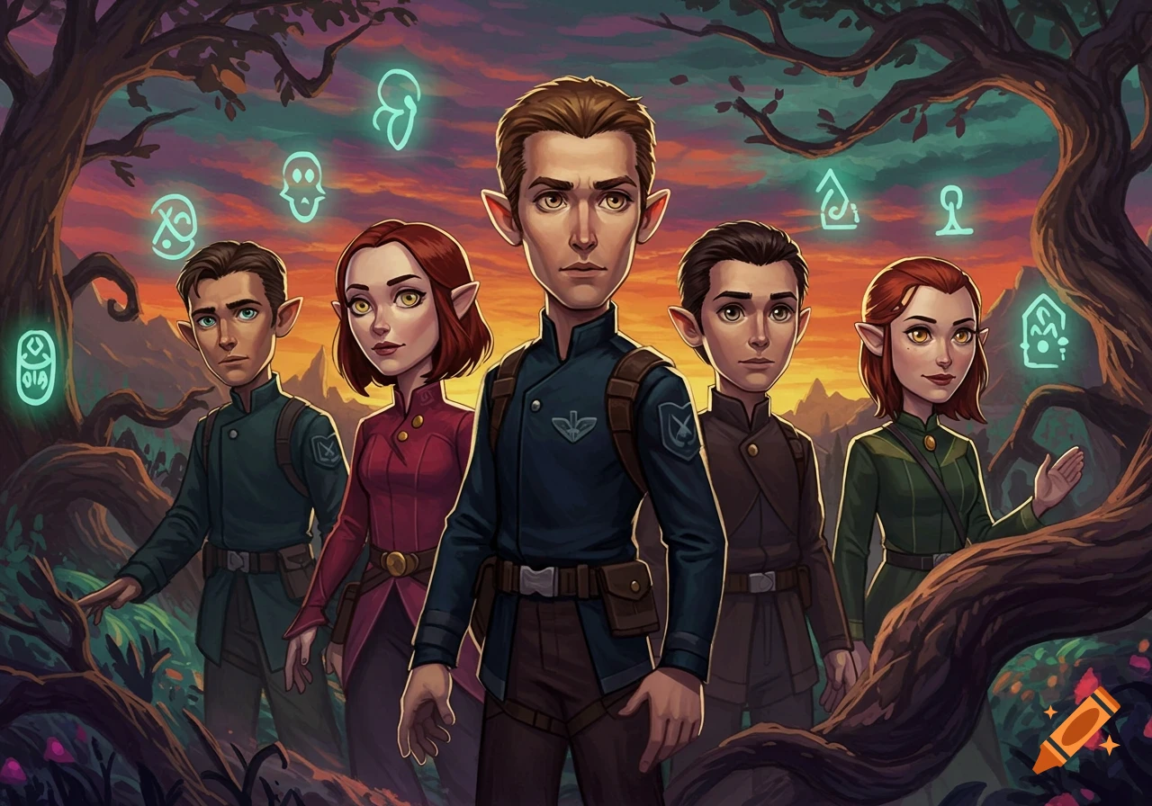 Five cartoon-style characters with pointed ears stand in a forest at sunset, with glowing mystical symbols floating around them.