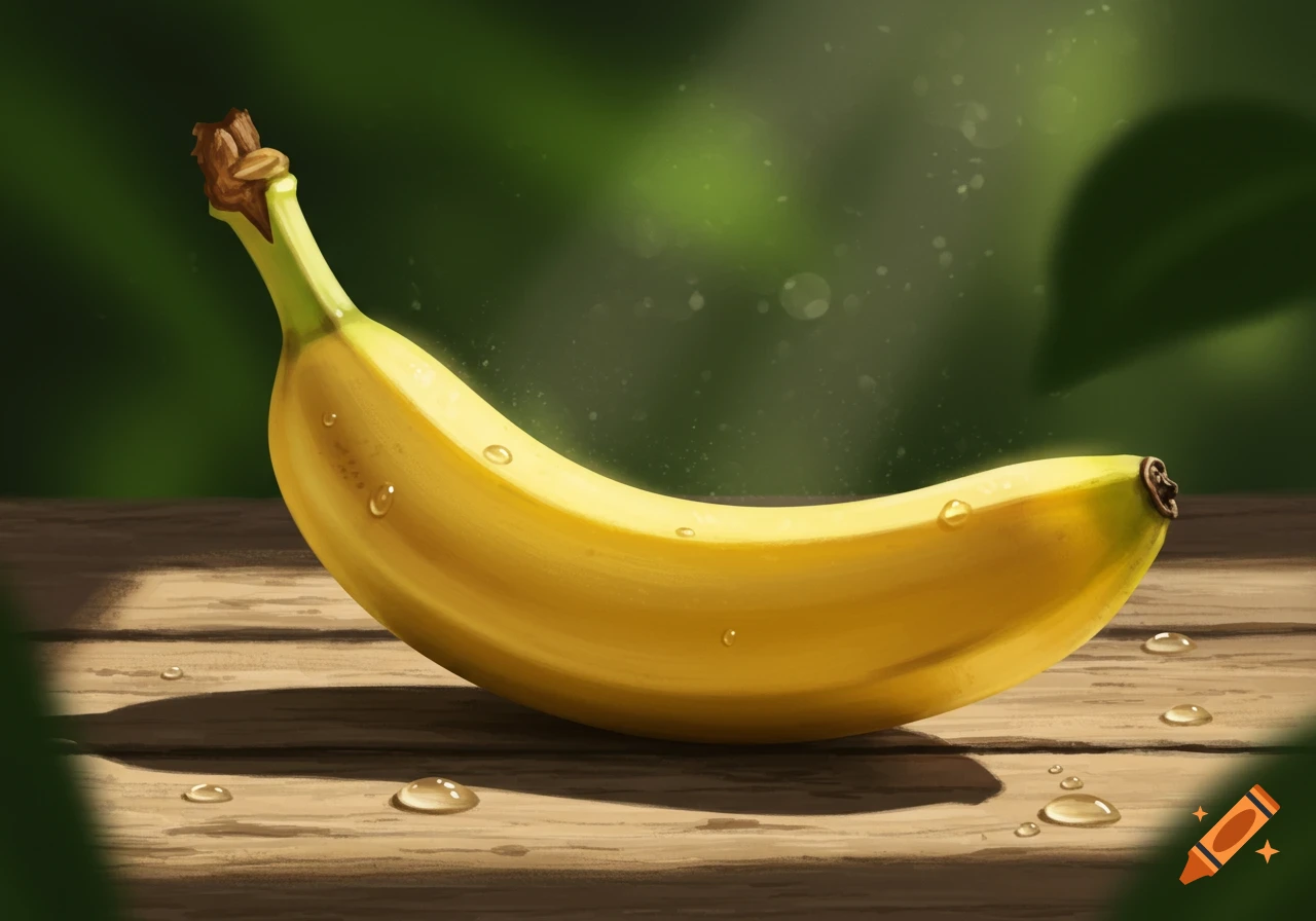 A ripe yellow banana with water droplets lies on a wooden surface, with a blurred green leafy background.