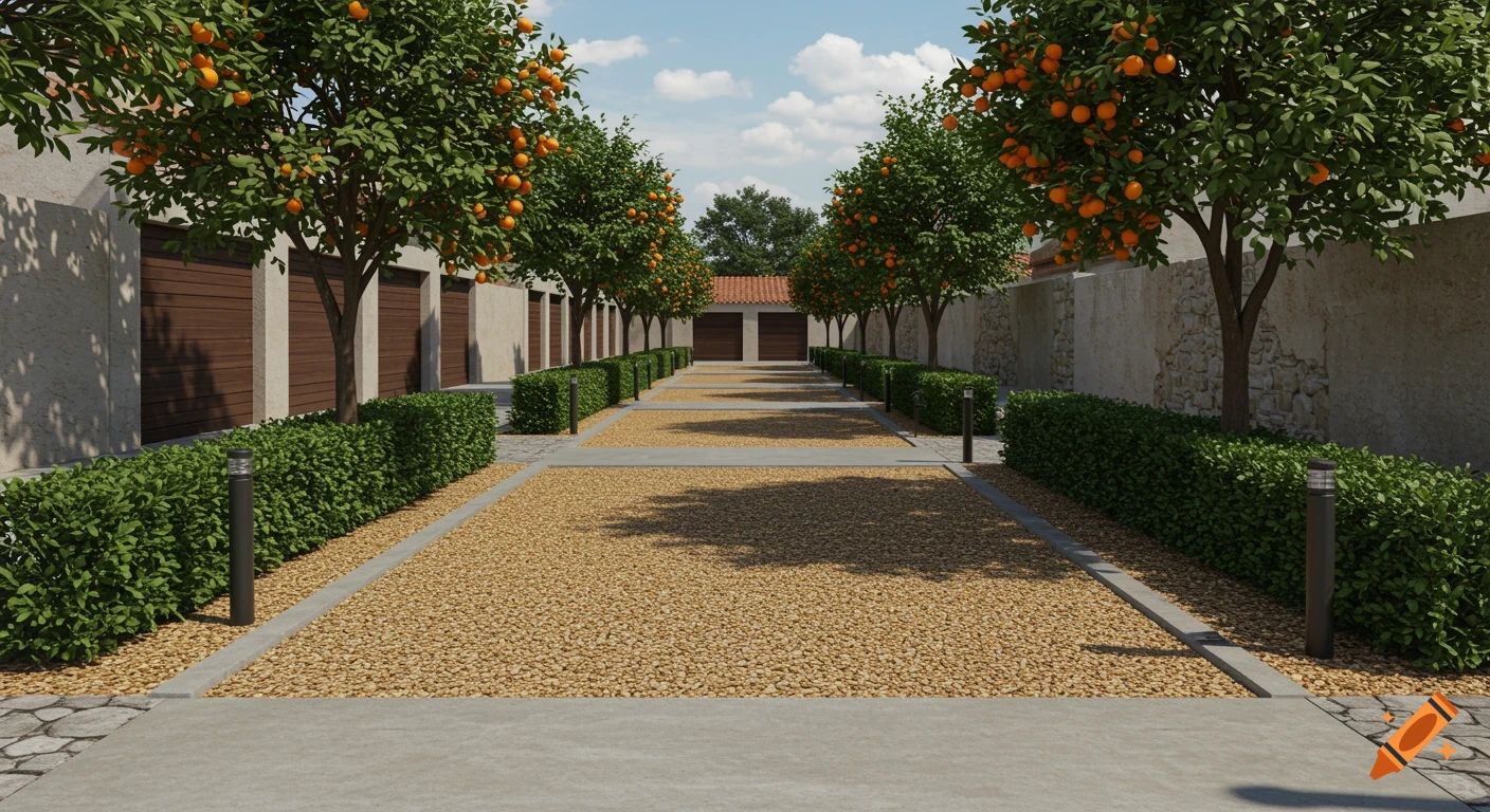 A photorealistic view of a symmetrical garden alley with gravel and concrete paths, lined by orange trees, trimmed hedges, and garage doors.