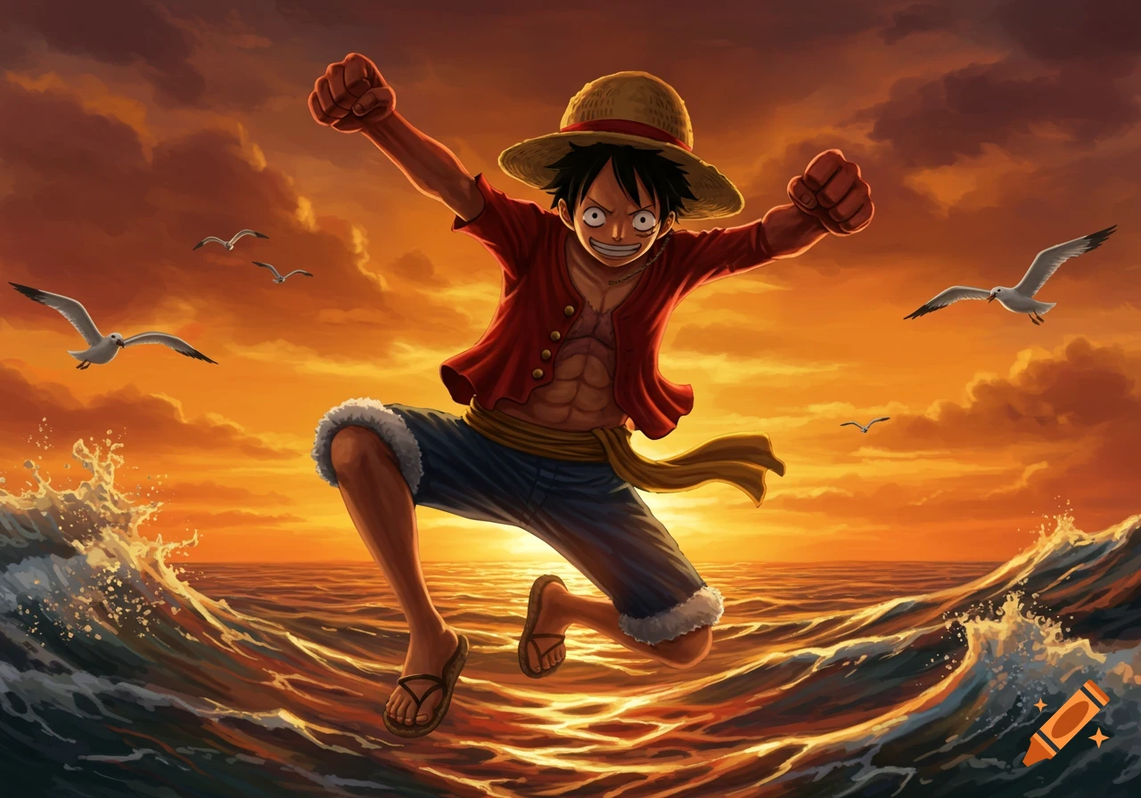 Luffy from One Piece jumps over large ocean waves at sunset with seagulls flying nearby.