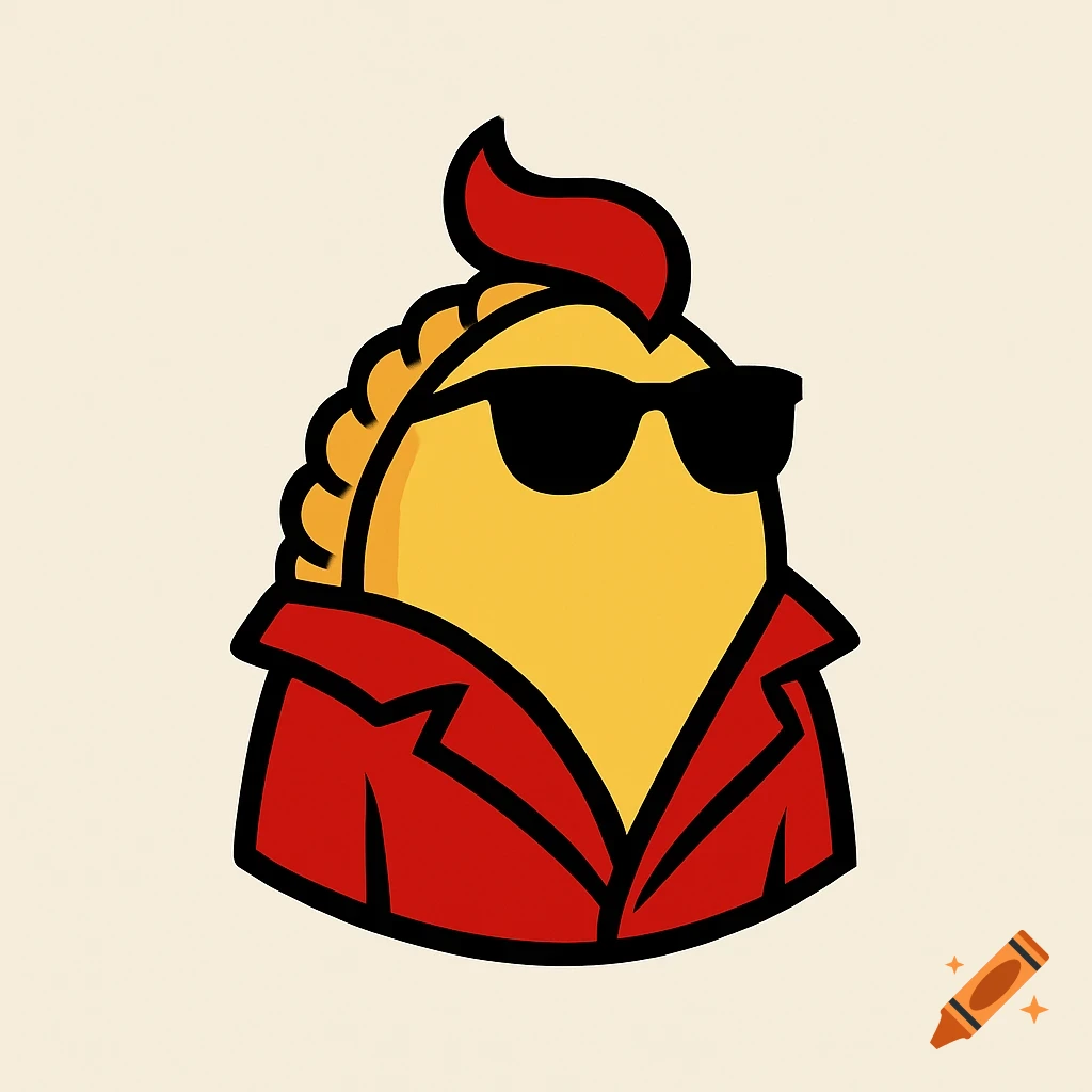 A cartoon logo of a yellow empanada wearing a red leather jacket, black sunglasses, and a red mohawk hairstyle.