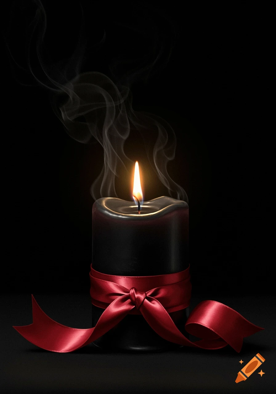 A black candle tied with a red ribbon, burning and smoking against a black background in a photorealistic style.