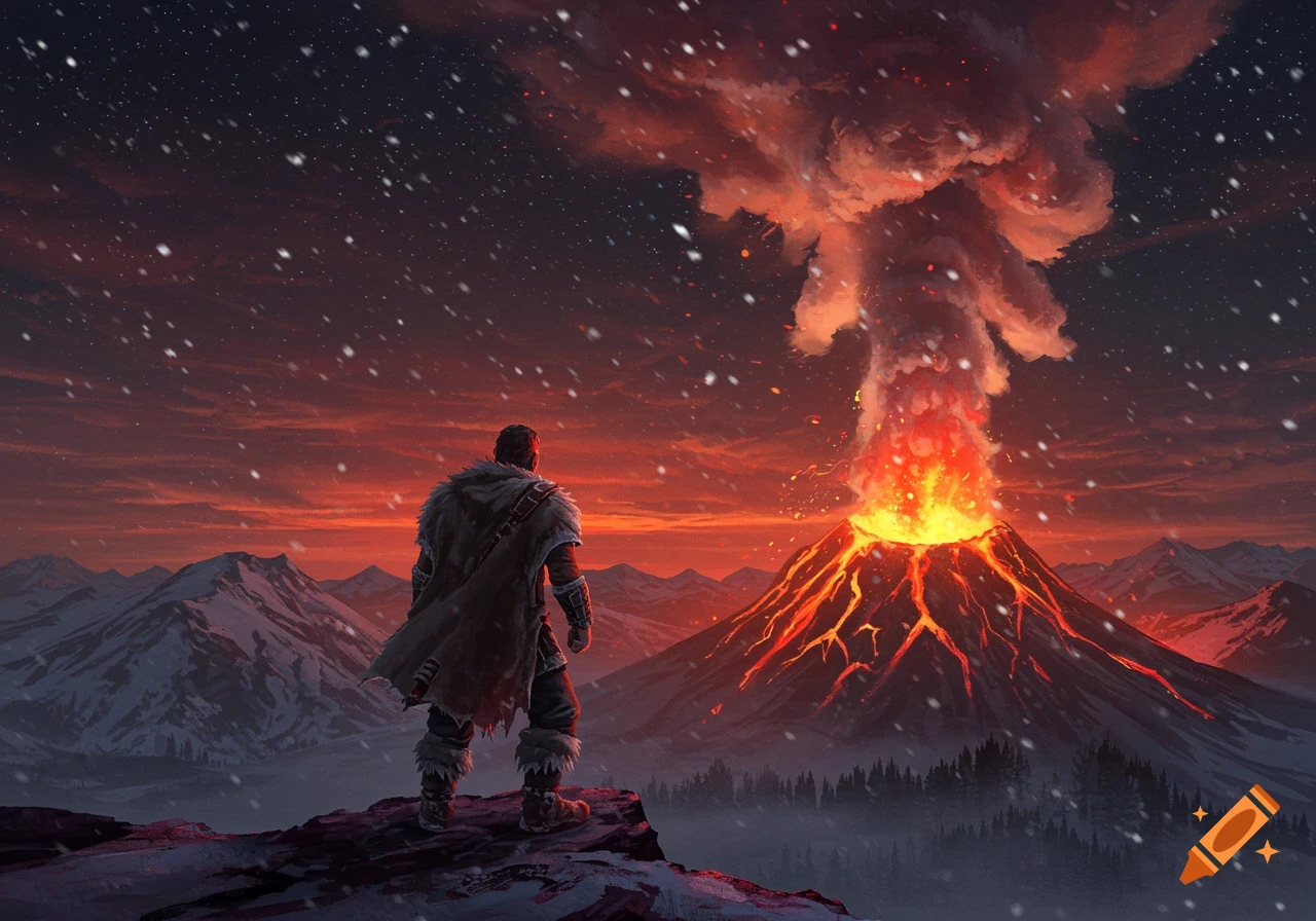 A lone figure stands on a snowy mountain cliff, gazing at an erupting volcano under a fiery, star-filled sky with falling snow. Digital art.
