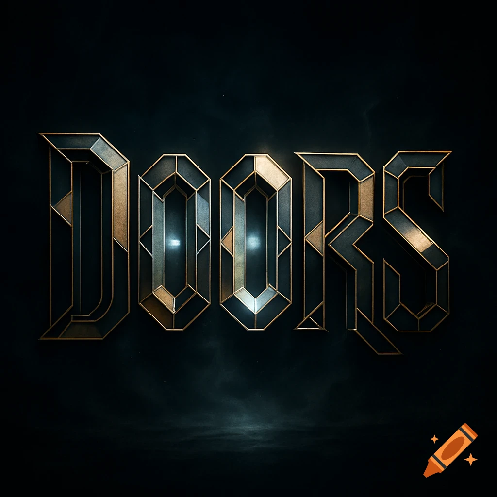 Stylized geometric metallic text spelling 'DOORS' on a dark background.