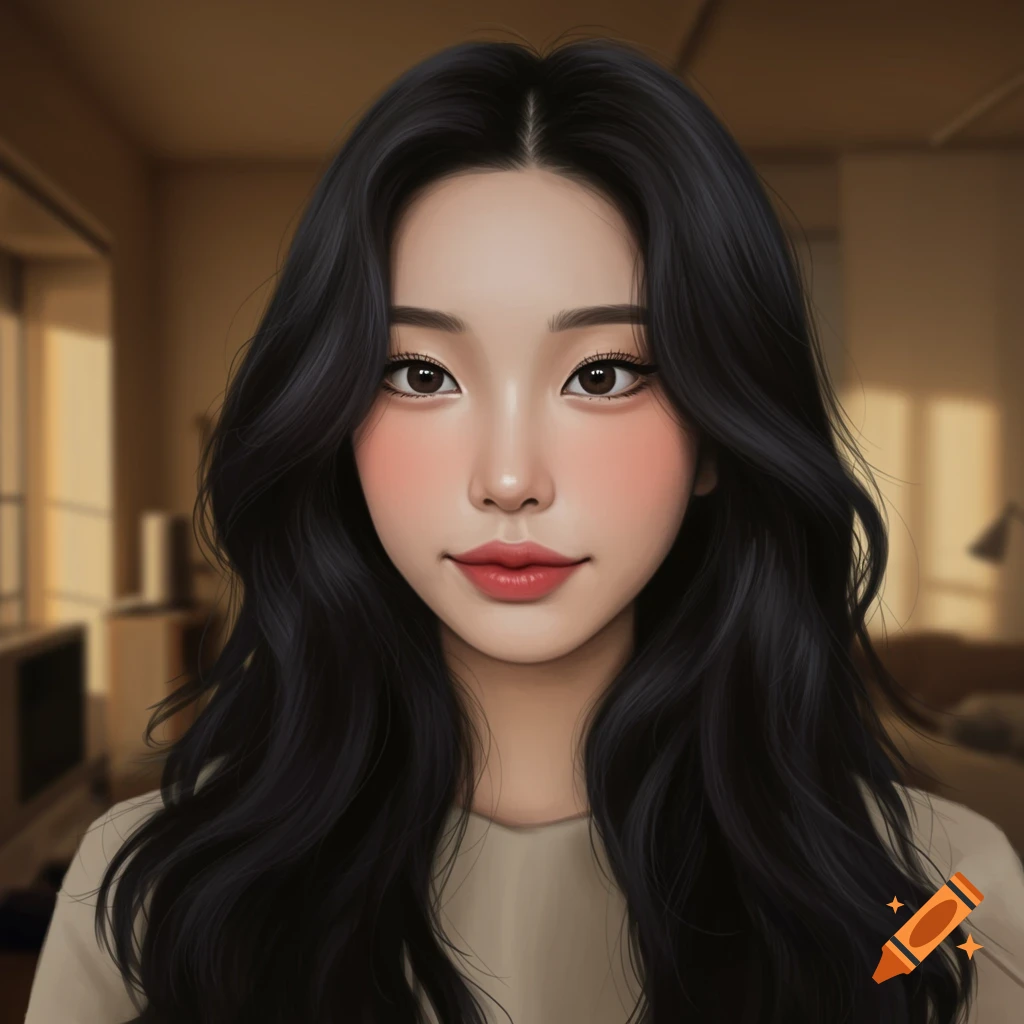 Digital portrait of a young woman with long dark wavy hair, soft features, and rosy cheeks, in an ulzzang style.