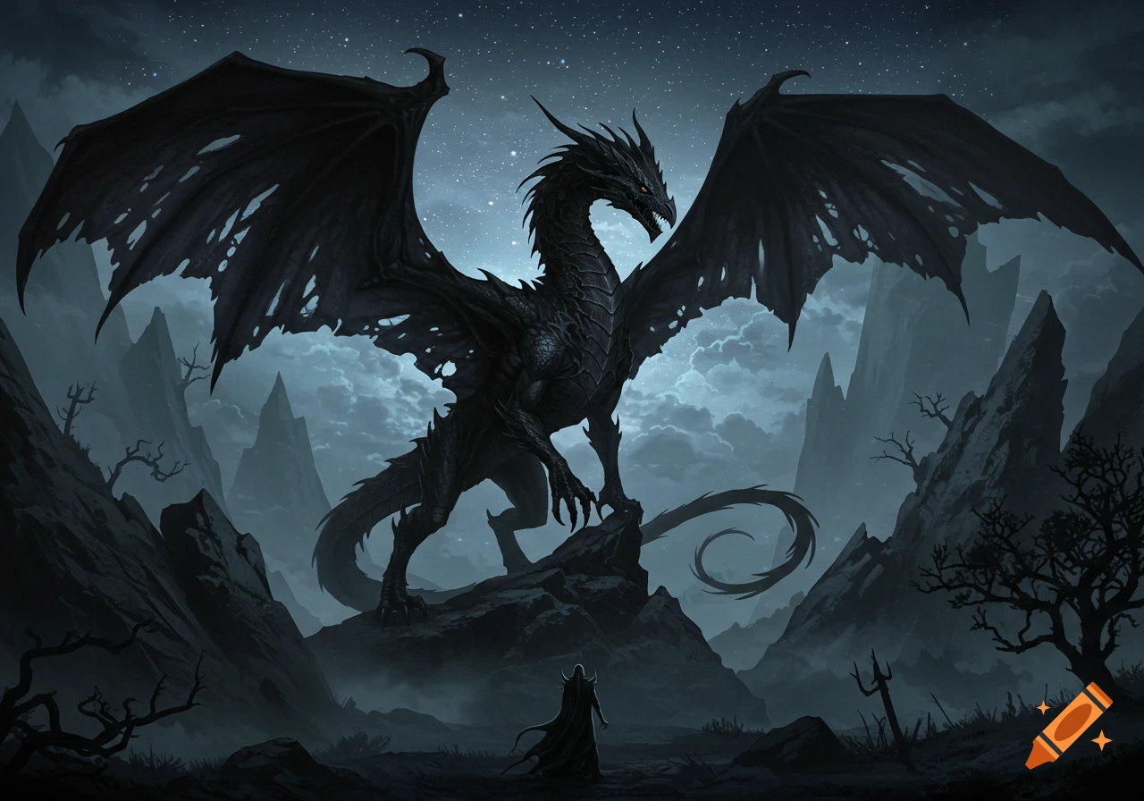 A large, dark fantasy black dragon with spread, tattered wings stands on rocks before a small cloaked figure in a misty, mountainous, starry landscape.