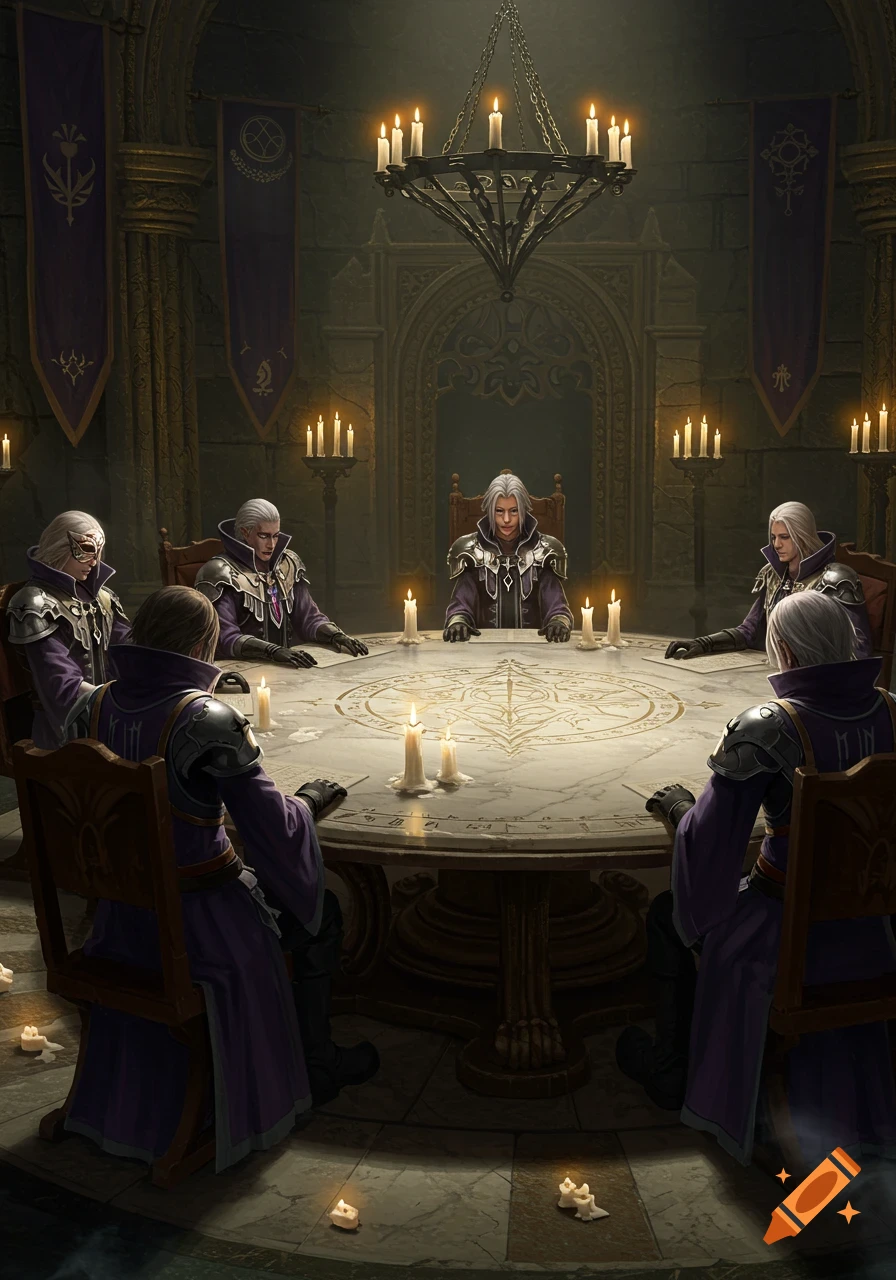 Six robed figures with white hair gathered around a large round table illuminated by candles in a dark, stone chamber.