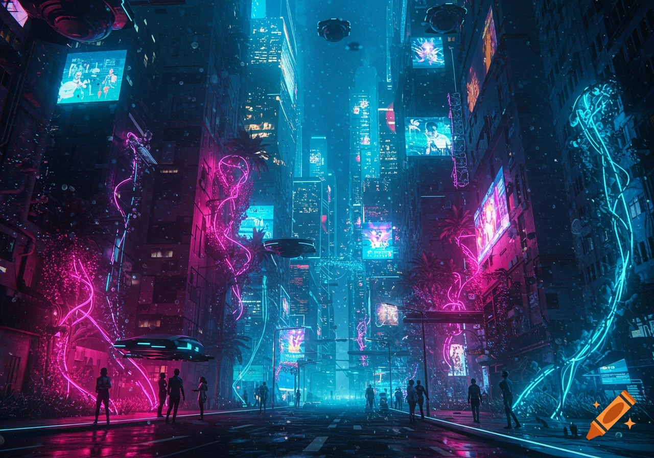 Cyberpunk city at night with towering buildings, neon pink and blue lights, and people on a wet street with flying vehicles.