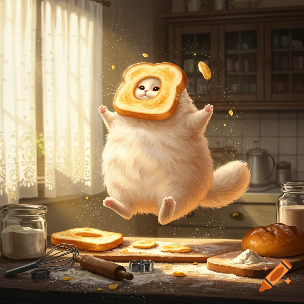 A fluffy white cat with a bread slice on its head levitates in a sunlit kitchen with baking ingredients on the table.