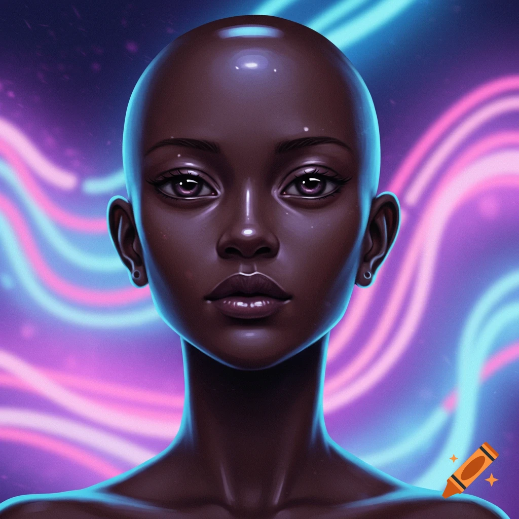 A stylized portrait of a bald, dark-skinned woman with shiny skin and purple eyes against a glowing neon background.