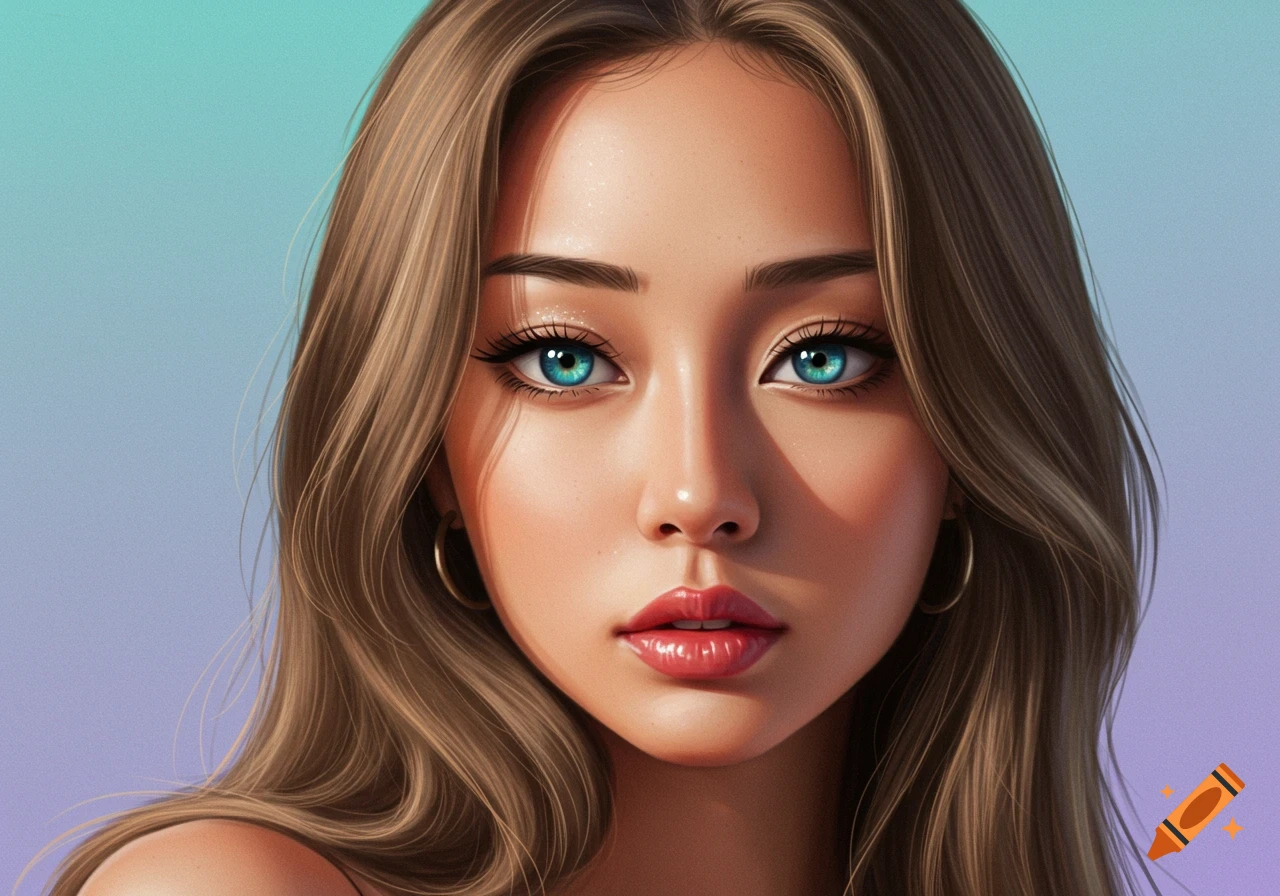 Close-up digital painting of a woman with long brown hair, piercing blue eyes, and full lips, against a turquoise and purple gradient background.