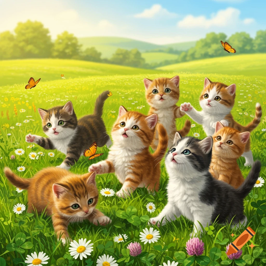Cute kittens playing in a sunny green meadow with flowers and butterflies.