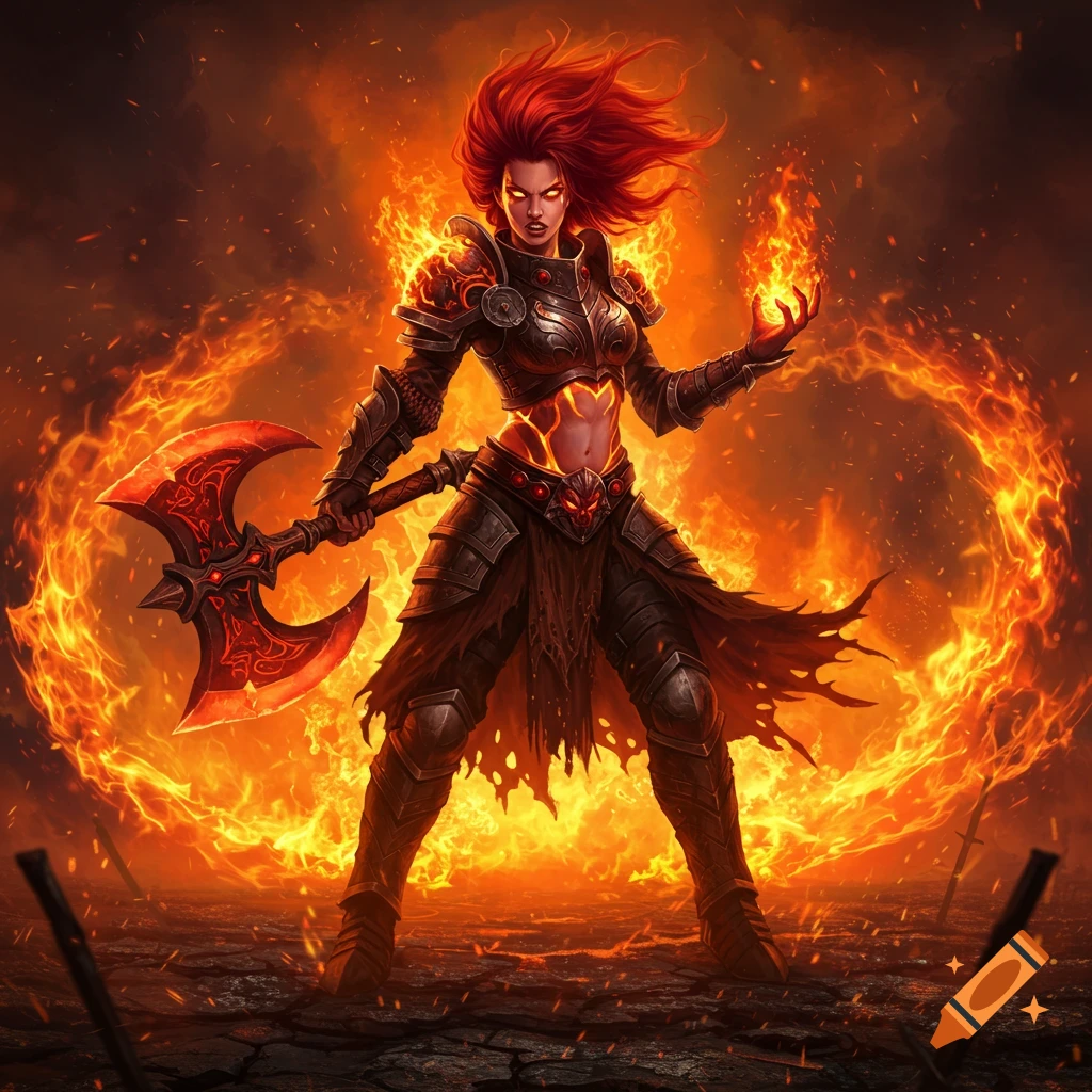 A powerful female warrior with red hair and glowing eyes, wielding a fiery axe amid a circle of flames in a desolate landscape.