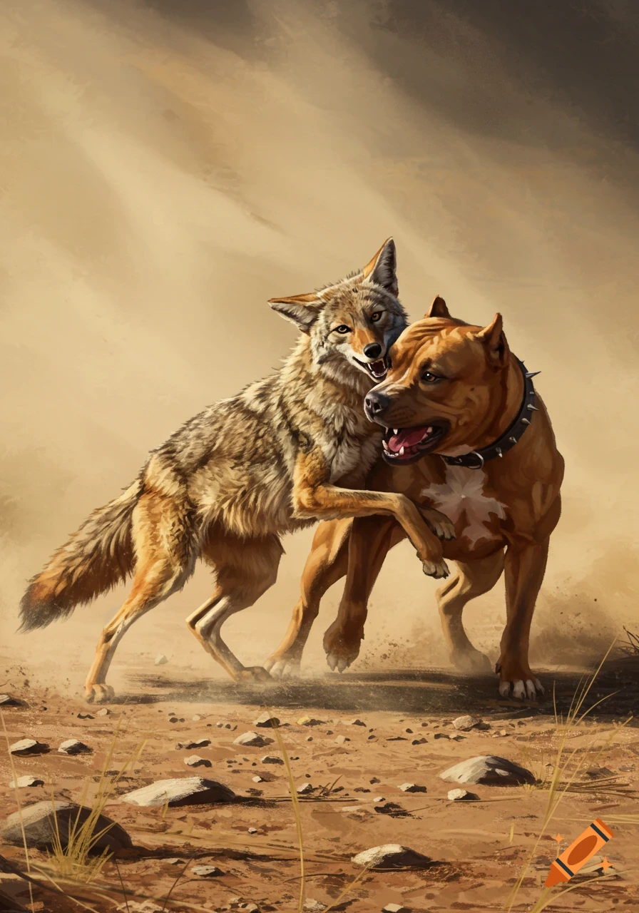 A brown coyote and a red-nosed pit bull fighting in a dusty desert. The pit bull bites the coyote's ear.