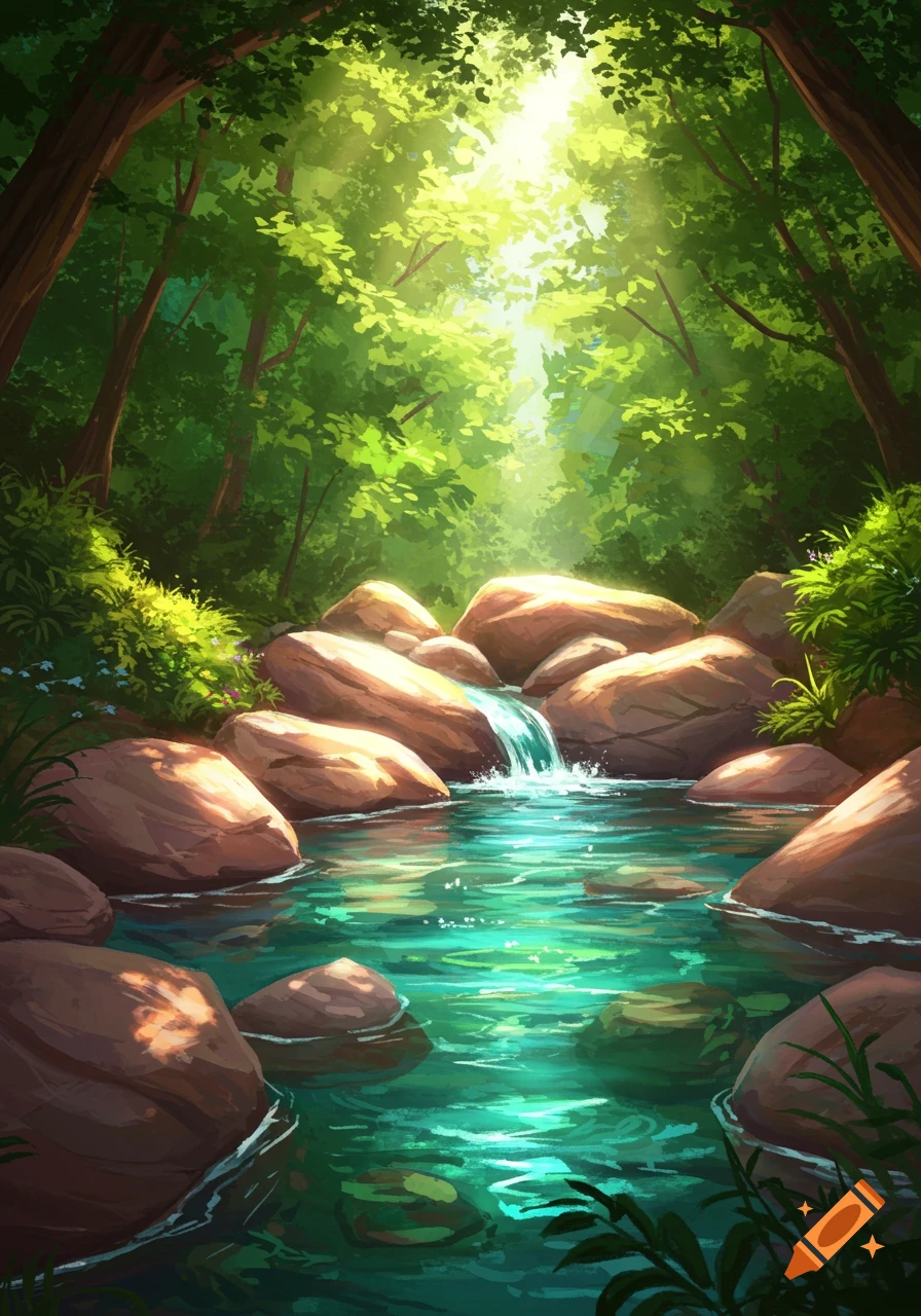 A vibrant, sunlit forest stream flows over smooth rocks, with lush green trees overhead, rendered in a painterly style.