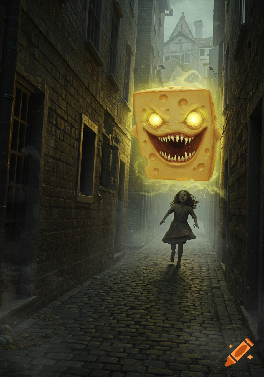 A girl runs in fear down a dark, cobbled alley, pursued by a giant, monstrous block of cheese with glowing eyes and sharp teeth.
