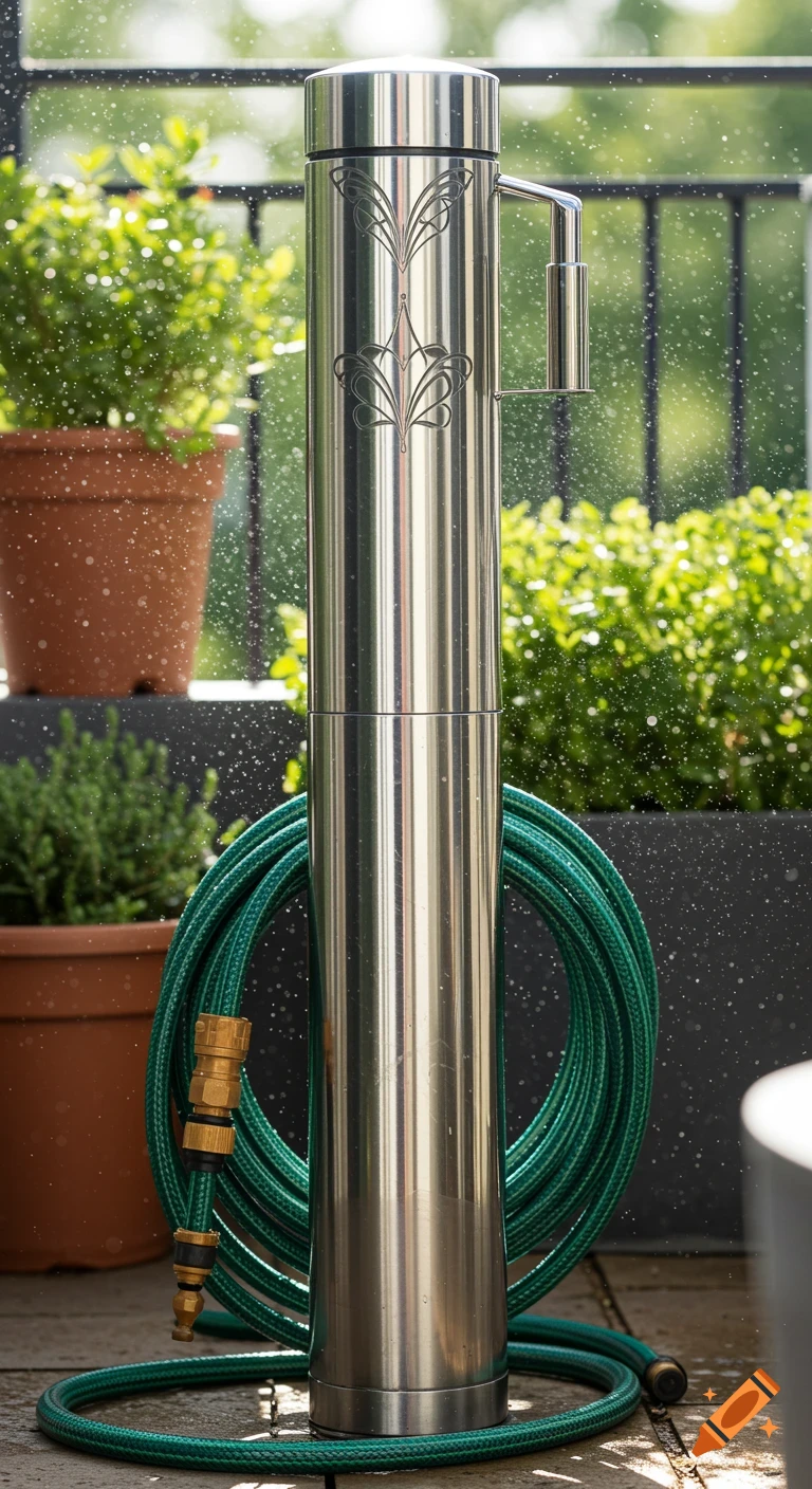 A tall, cylindrical, silver hose reel with a green hose coiled around its base, standing outdoors amidst plants with water droplets in the air.