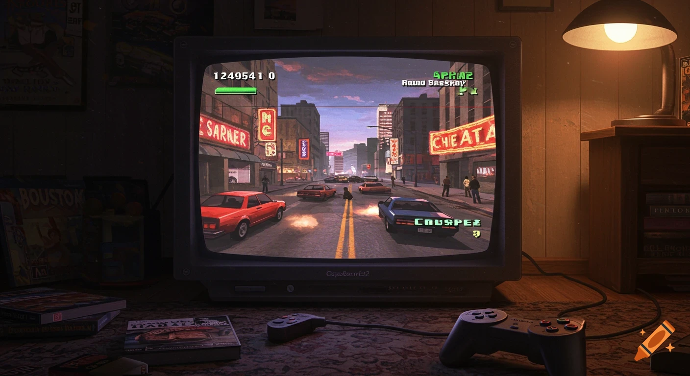 A vintage CRT television displays a retro-style racing game set in a city, with two game controllers and game cases on a table in front.