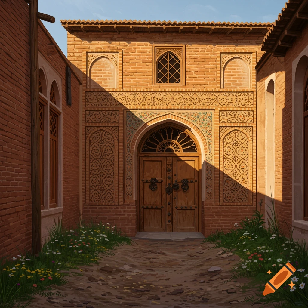 An old Iranian house with a brick facade and decorative archway, a wooden door, and a dirt path lined with wildflowers in front.