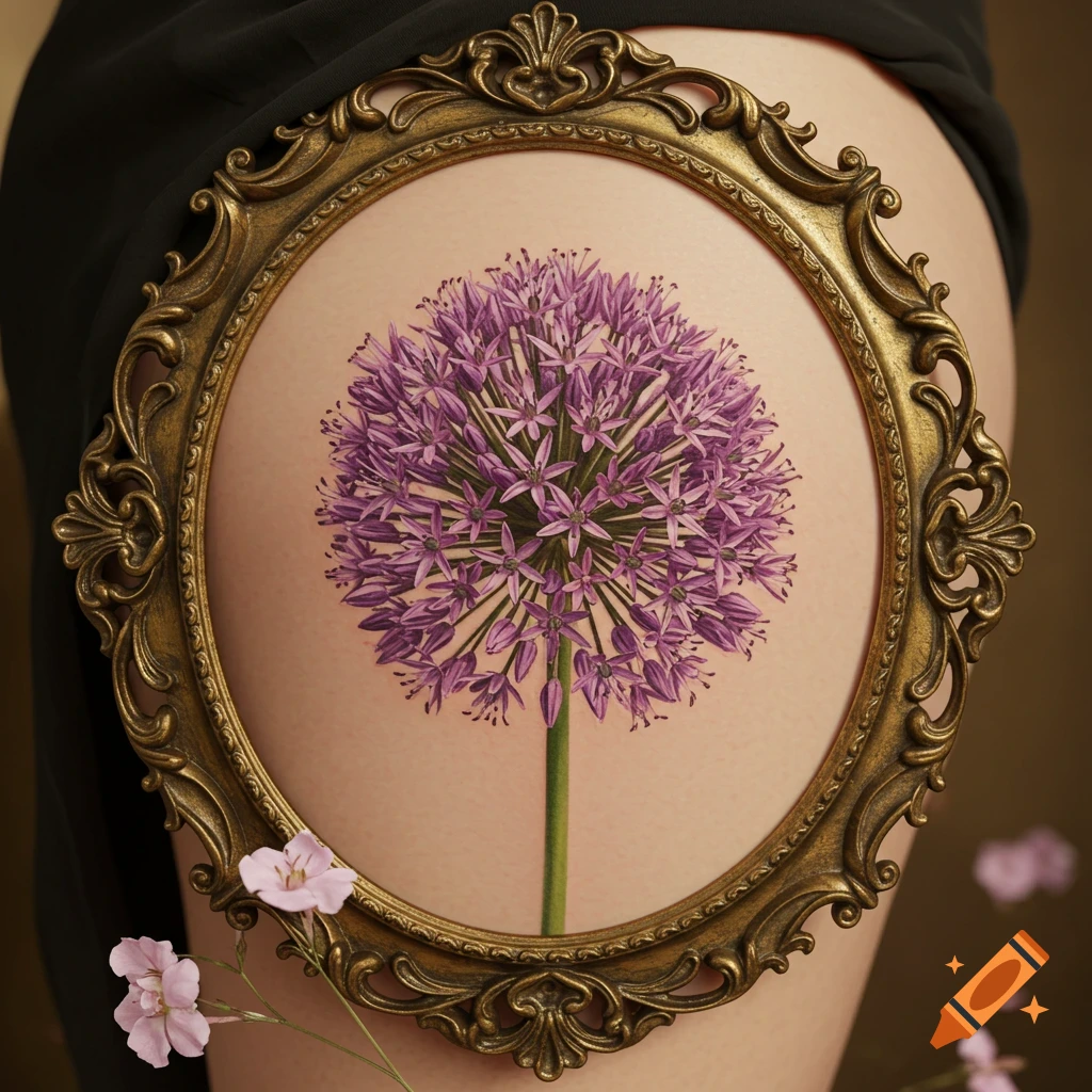 A purple allium flower tattoo on a thigh, framed by an ornate golden Victorian picture frame.