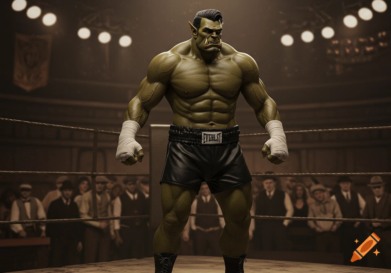 A muscular green orc boxer in black shorts and hand wraps stands in a boxing ring, viewed in the style of a 1920s photograph.