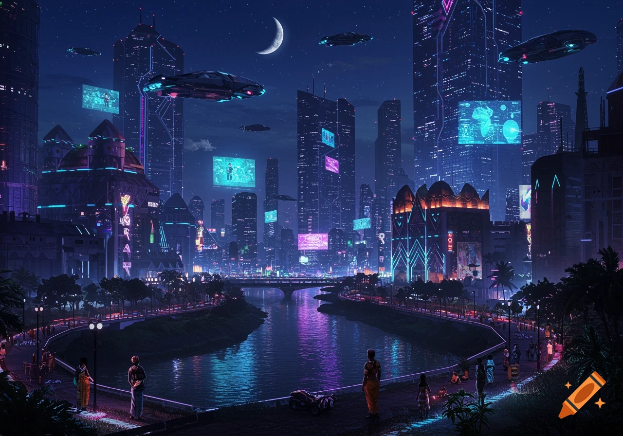 A vibrant cyberpunk African city at night, with towering skyscrapers, flying cars, and neon-lit river reflecting the colorful glow, as people walk on illuminated paths.