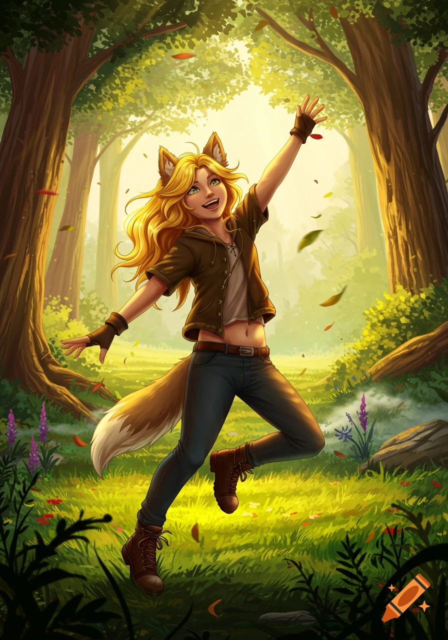 An illustration of a blonde girl with wolf ears and a bushy tail happily jumping in a sunlit forest with falling leaves.