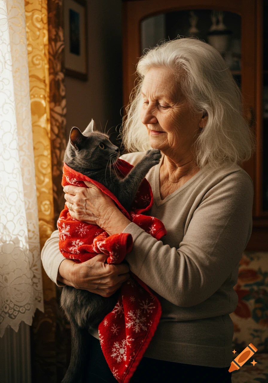 An elderly woman with white hair holds a grey cat wrapped in a red blanket with white snowflakes. The cat's paw is raised.