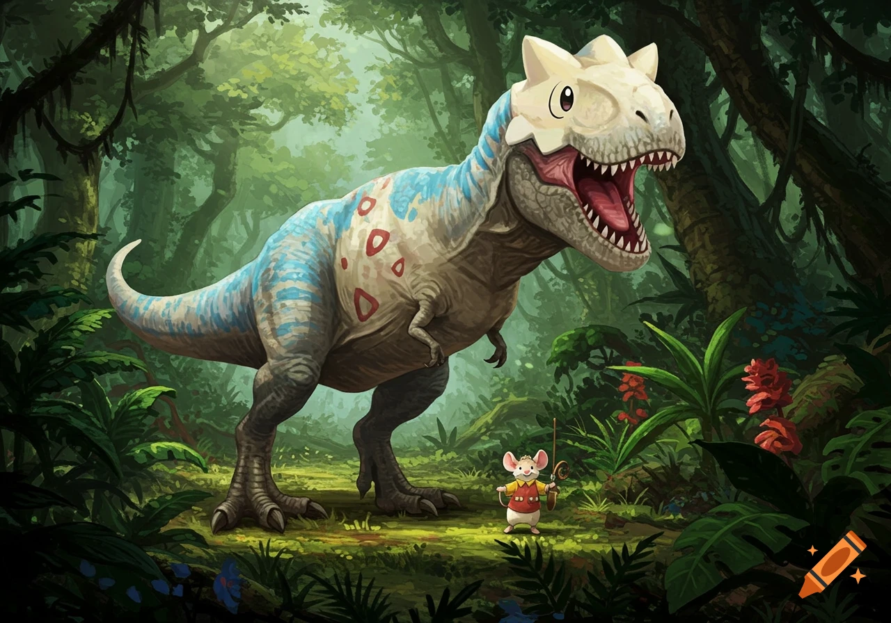 A T-Rex with a Togepi head and markings stands in a lush jungle, facing a small mouse character.