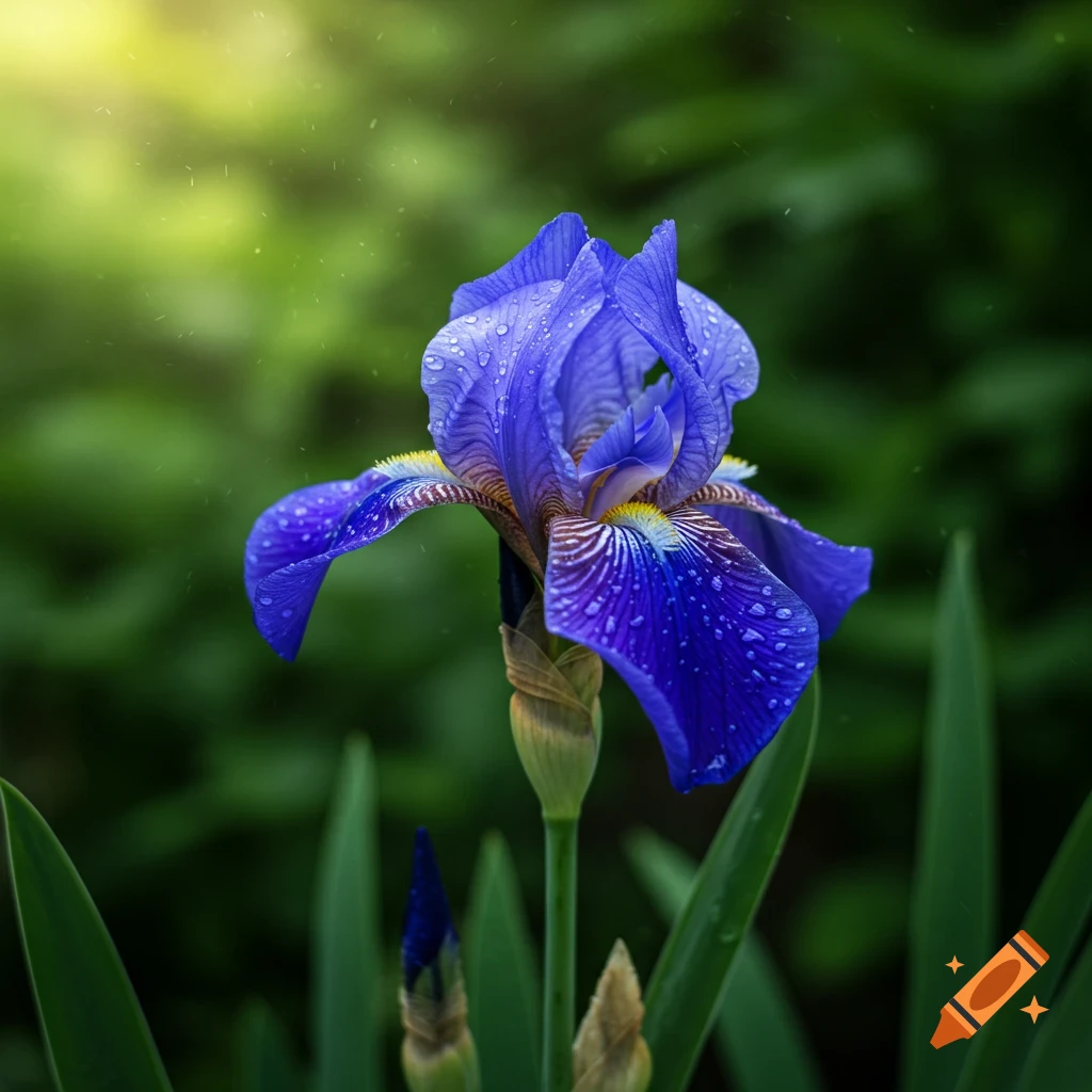 Photorealistic close-up of a vibrant blue iris flower with water droplets, blurred green background, and sunlight.
