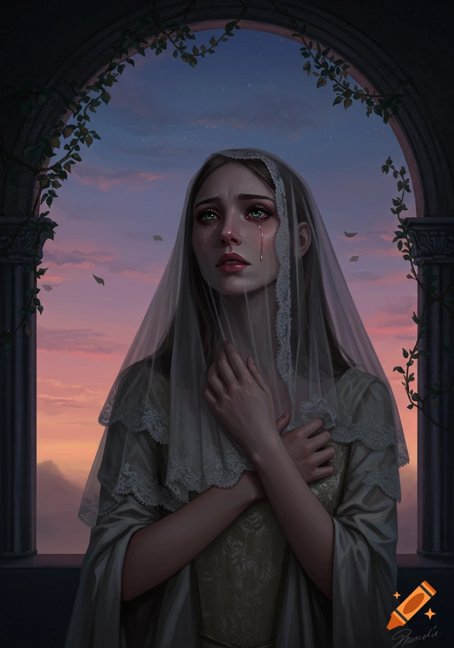 Digital painting of a crying woman in a veil and dress, under a stone arch against a sunset sky.