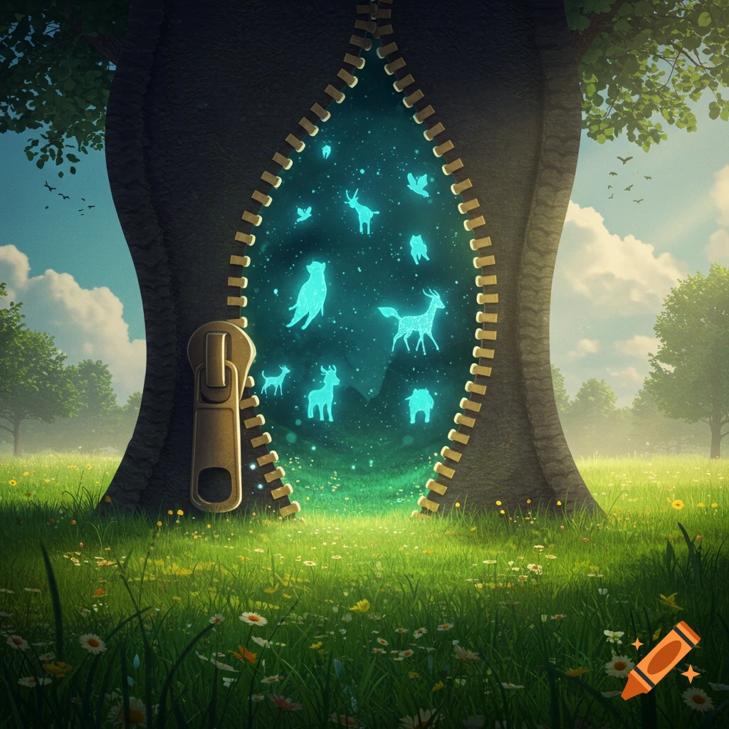 A large tree trunk unzips to reveal a glowing blue portal filled with silhouette-like animals in a vibrant green meadow.