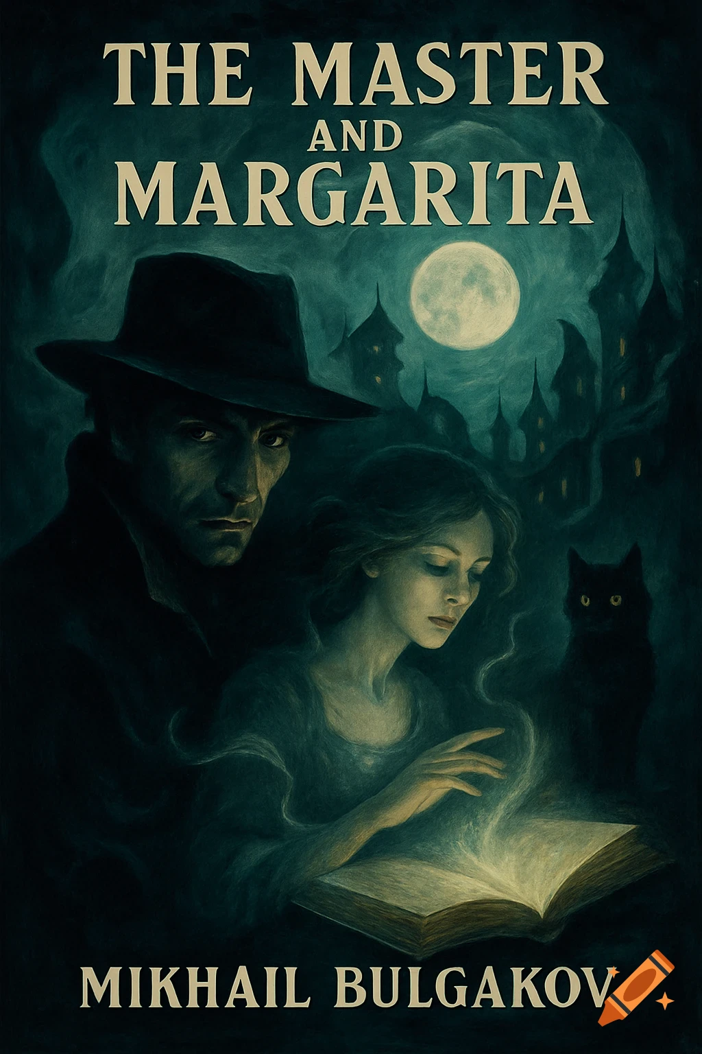 Dark fantasy book cover for 'The Master and Margarita' featuring a man in a hat, a woman, a black cat, and a glowing book under a full moon.