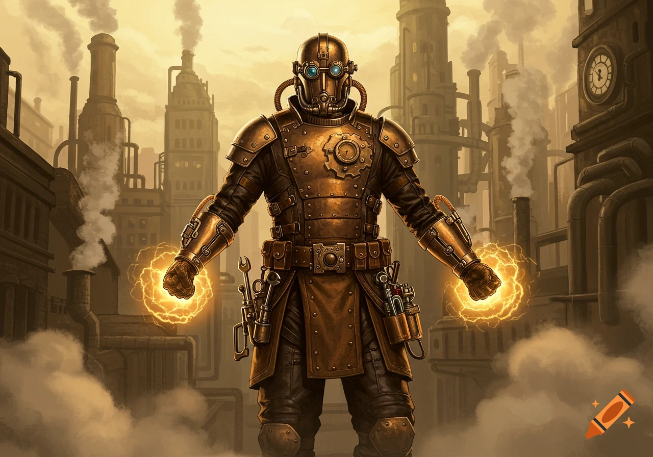 A steampunk superhero in bronze armor with glowing hands stands in an industrial city.