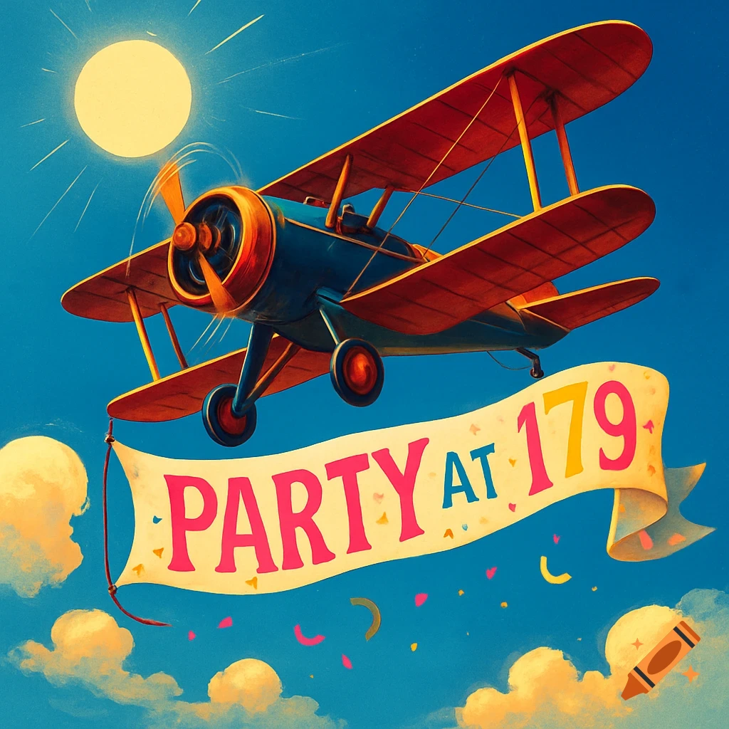 A colorful illustration of a biplane flying in a blue sky, towing a yellow banner that reads "PARTY AT 179".