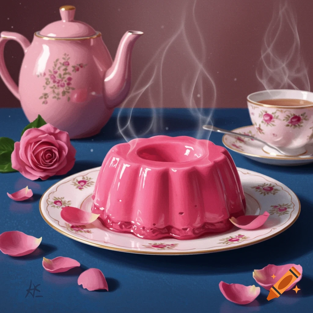 Bright pink pudding on a plate with rose petals, a pink teapot, and a teacup, against a blue and pink background.