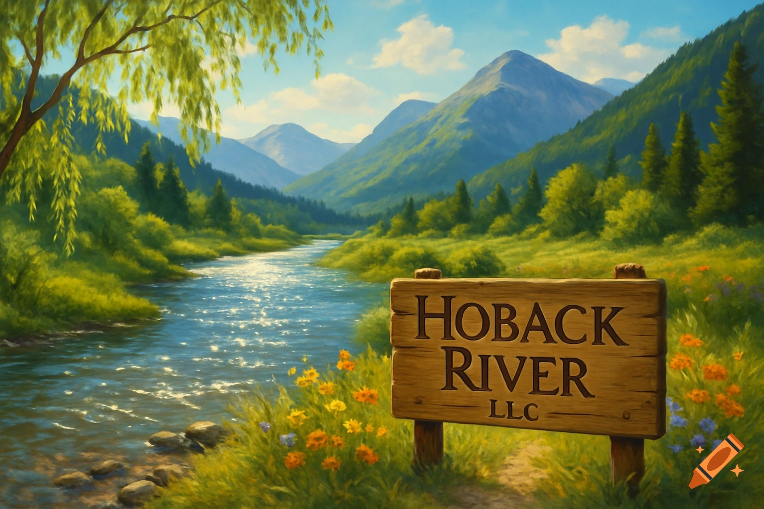 A vibrant painterly landscape of a river flowing through a green valley with mountains in the background, featuring a wooden sign that reads "Hoback River LLC".