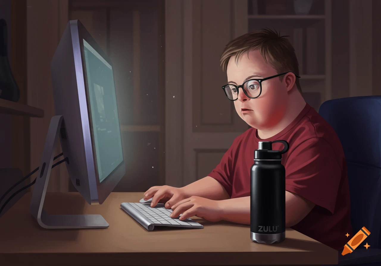 An illustrative image of a person with glasses sitting at a desk, typing on a computer keyboard with a black water bottle next to them.