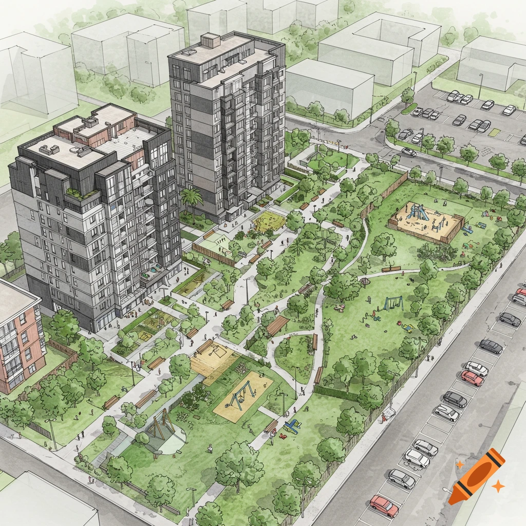 Detailed isometric sketch of an urban apartment complex with two tall buildings, a large green park with playgrounds, and an adjacent car park.