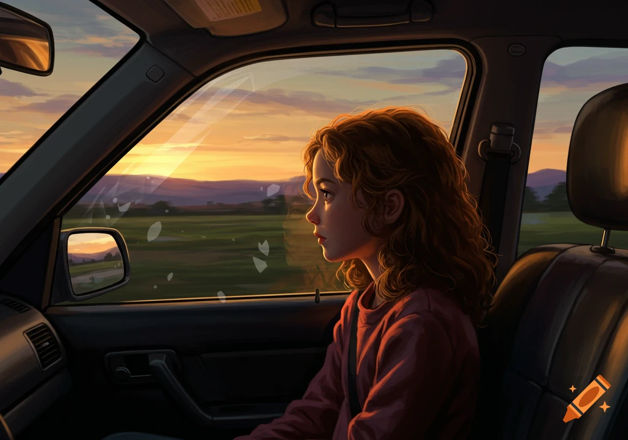 A girl with curly hair sits in the passenger seat of a car, looking out the window at a sunset landscape.