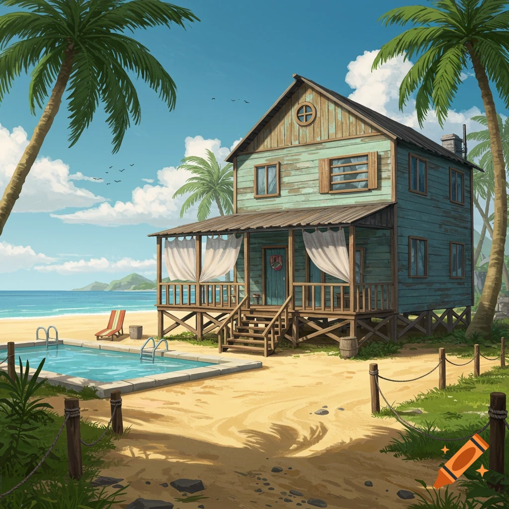 A rustic teal beach house with a porch and steps, surrounded by palm trees, a swimming pool, and a sandy beach leading to the ocean under a blue sky.