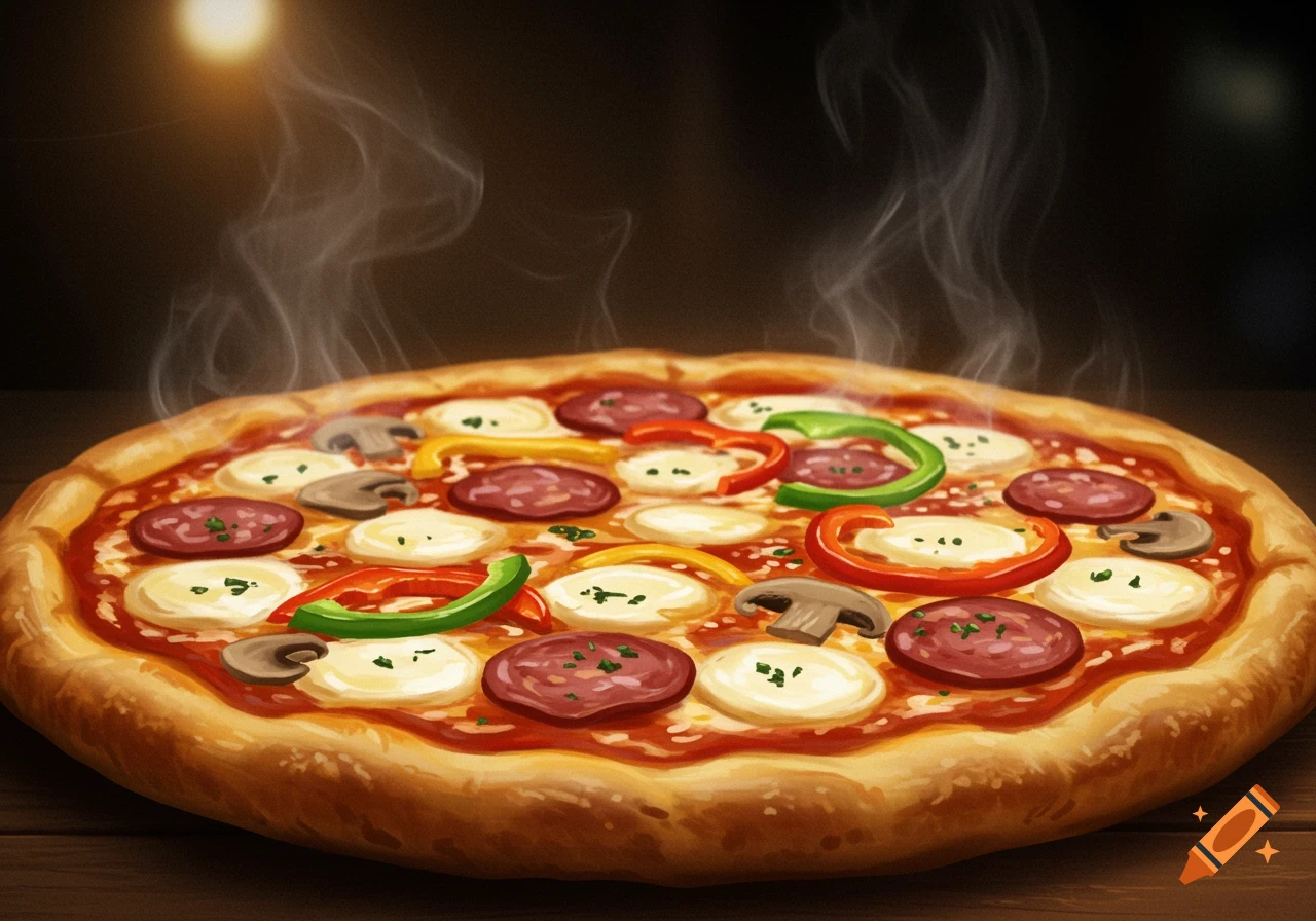 Steaming pizza with pepperoni, mushrooms, bell peppers, and fresh mozzarella on a wooden surface.