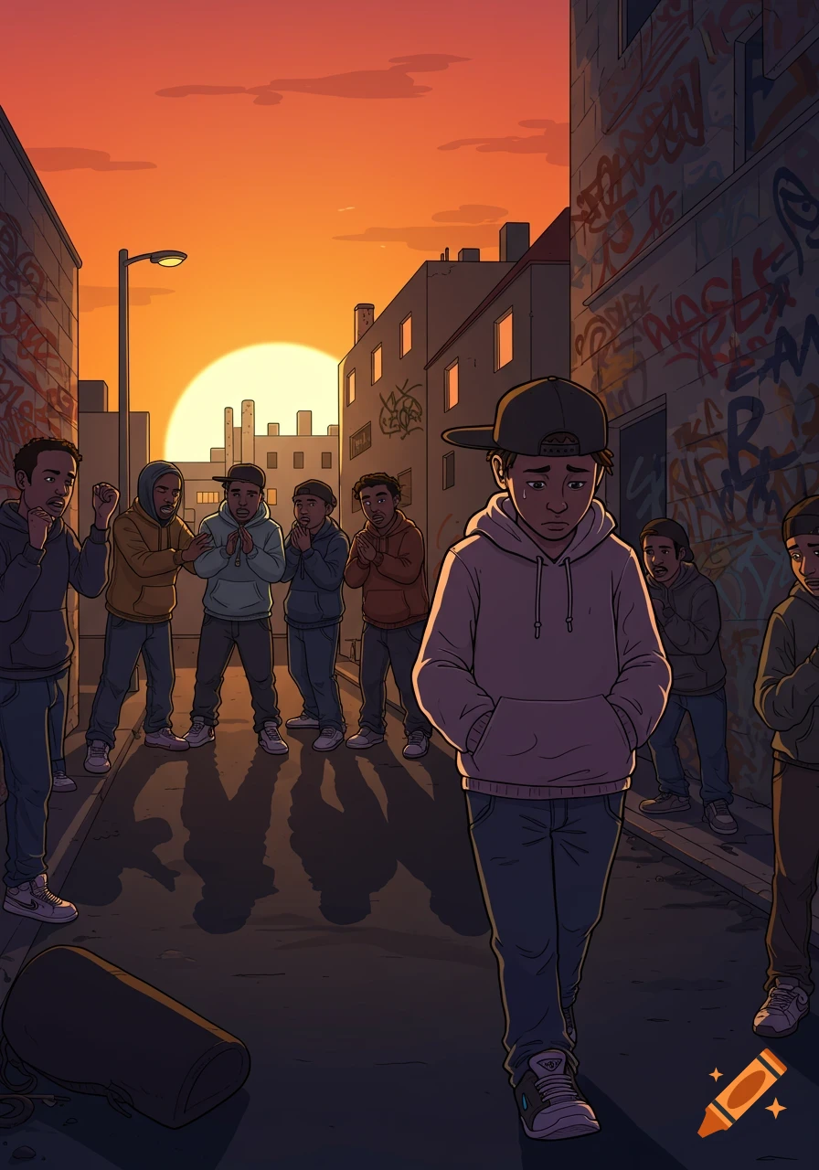 Cartoon illustration of a sad young man walking away from a group of boys in a graffiti-filled alley at sunset.