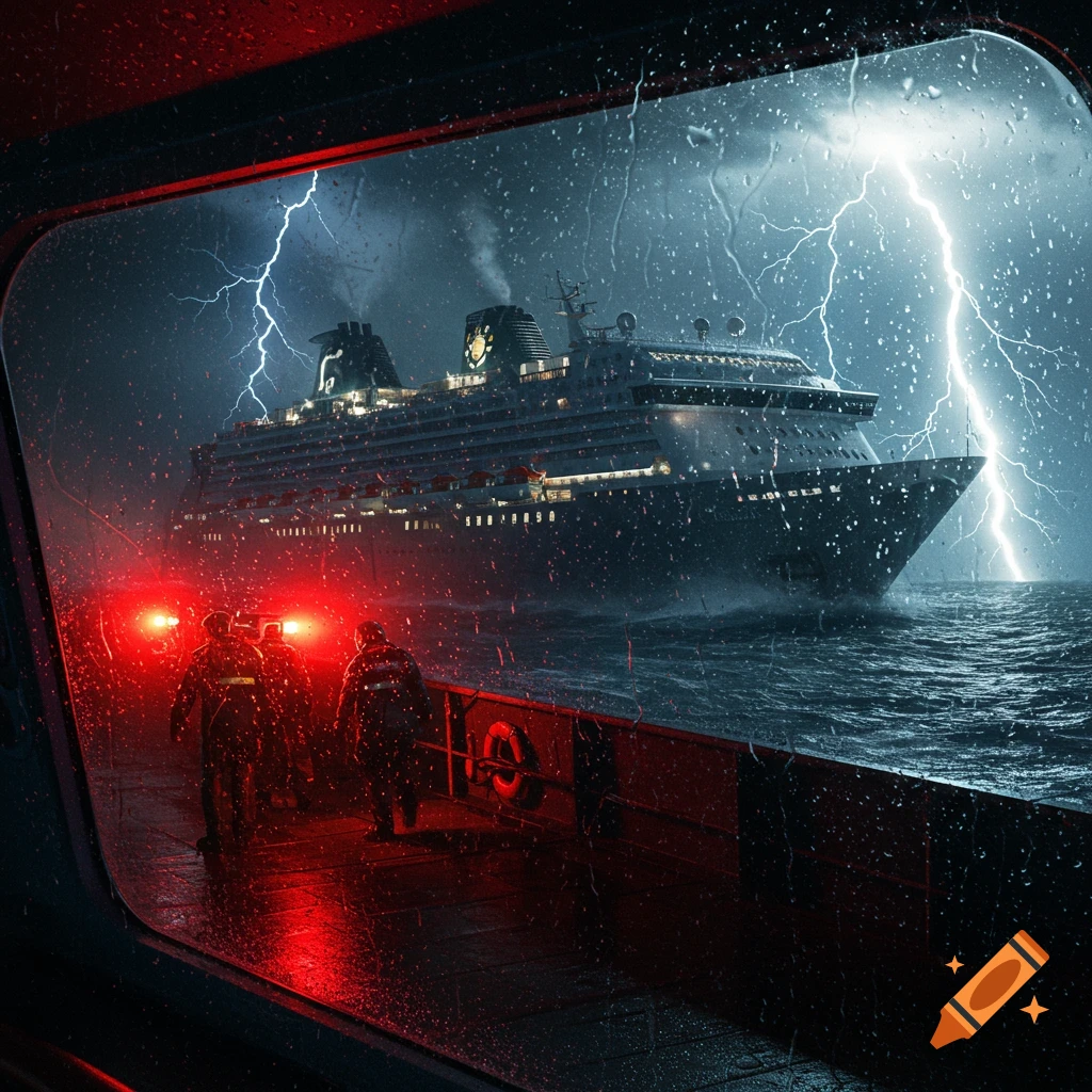 Photorealistic view from a ship's window showing a cruise ship during a severe lightning storm at sea, with figures on deck.