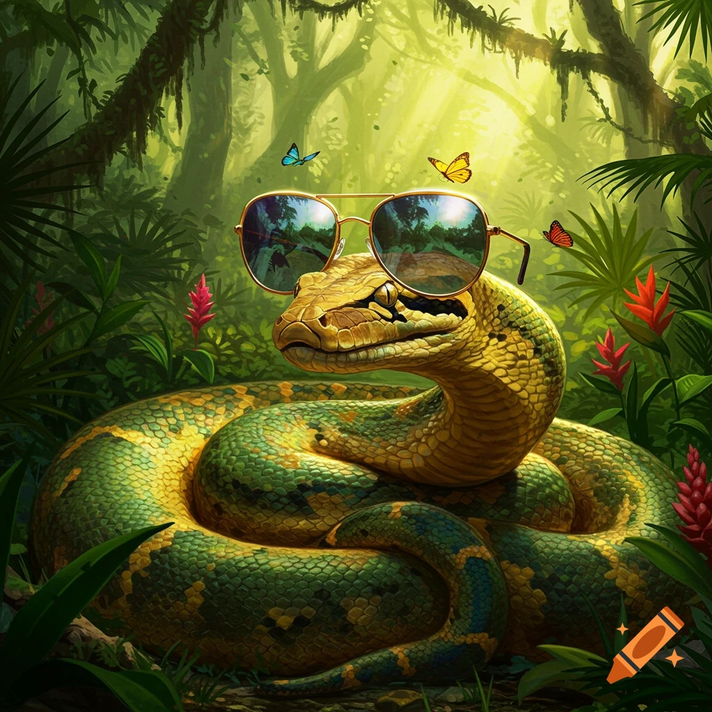 A large green and yellow anaconda wearing aviator sunglasses in a vibrant jungle with butterflies.