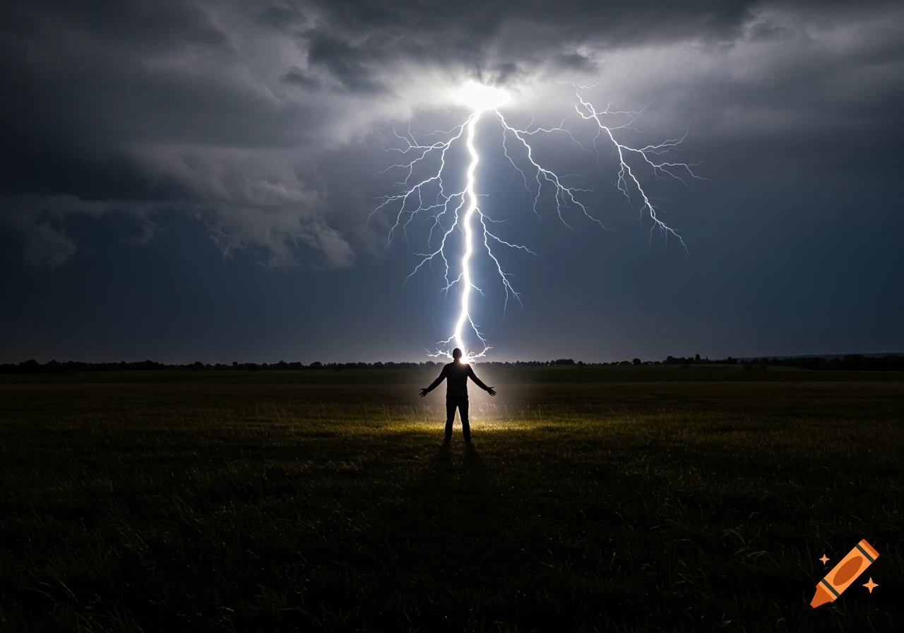 Silhouette of a person standing in a dark field under a stormy sky as a bright lightning bolt strikes their head, photorealistic.