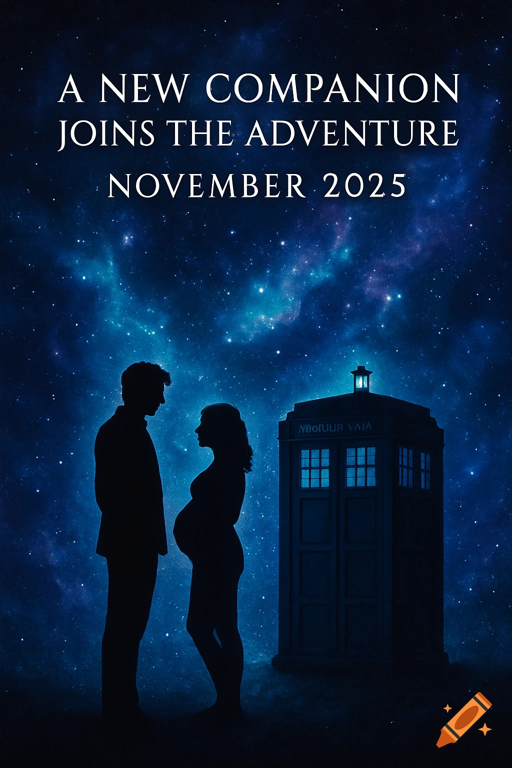 A silhouette of a man and a pregnant woman facing each other next to a TARDIS, all against a blue starry space background. Text reads "A NEW COMPANION JOINS THE ADVENTURE NOVEMBER 2025."