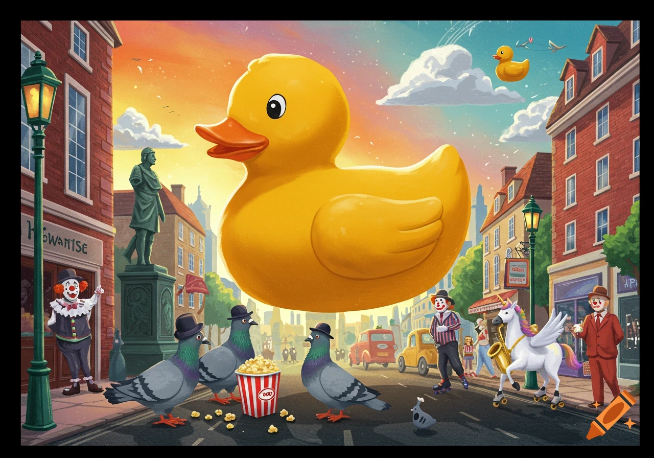 A giant rubber duck floats above a whimsical city street with clowns, pigeons in hats, and a unicorn on roller skates playing a saxophone.